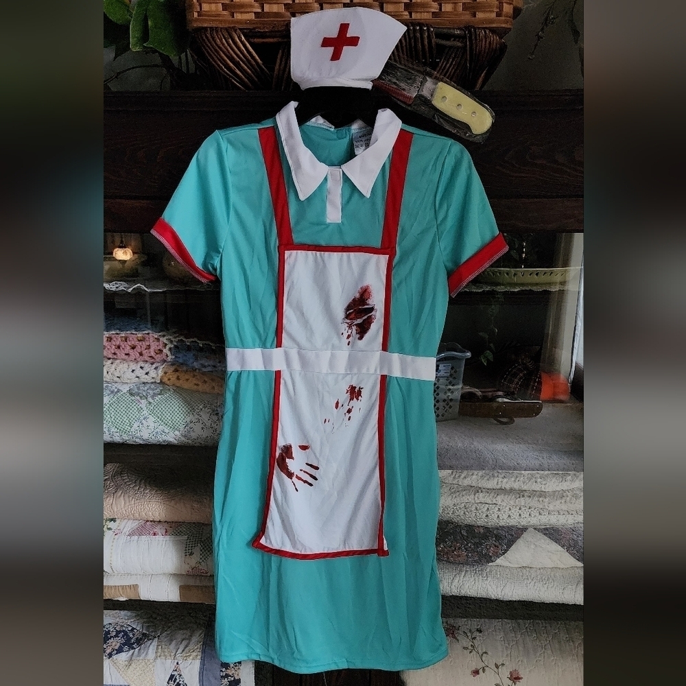 Women's Teal Nurse Halloween Costume with Blood Stains - Picture 1 of 9
